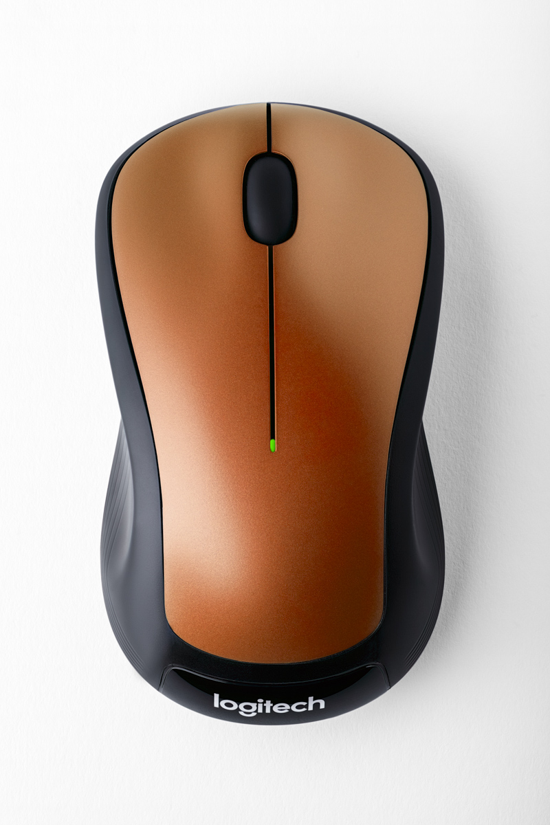Logitech wireless mouse photographed from above on white background — commercial product photography by PROSPEKT Product Works